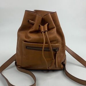 Fossil Brown Leather Drawstring Bucket Backpack bag Gold tone zipper hardware